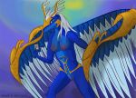  antlers blue_eyes breasts card clothing dragon feathered_dragon feathers female hair horn loincloth looking_at_viewer mercrantos nipples pussy saffira_queen_of_dragons white_hair wings yu-gi-oh 
