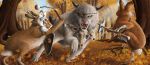  2015 absurd_res armor autumn bobcat brown_fur day detailed_background digital_media_(artwork) feline feral fight flail fur grey_fur group hammer hare hi_res holding_object holding_weapon lagomorph mammal melee_weapon outside shield the-urocyon tools tree weapon yellow_eyes 