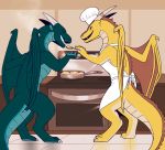  2018 3_toes 4_fingers apron barefoot belly_scales biped blue_scales blue_tongue chef chef_hat claws clothing cooking counter countertop cute detailed_background digital_media_(artwork) dragon duo eating evillabrat eyes_closed feral food frill garo_(garoshadowscale) happy hat hindpaw horn horn_ring kar&#039;nacht kitchen long_neck male membranous_wings nude oven paws reptile scales scalie shadow side_view snout spoon standing stove stripe stripes teal_scales toe_claws toes toony western_dragon wings yellow_scales 