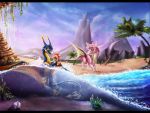  2017 black_bars day detailed_background digital_media_(artwork) dragon feral fish group hair marine membranous_wings outside partially_submerged pink_hair scalie sky smile western_dragon wings xx-starduster-xx 