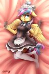  2018 5_fingers absurd_res anthro bed bed_sheet bedding blue_eyes breasts clothed clothing dress equine eyebrows eyelashes fan_character feathered_wings feathers female floppy_ears fully_clothed gloves hair hi_res inside legwear looking_at_viewer lying maid_uniform mammal multicolored_hair my_little_pony on_bed pegasus portrait pose signature solo sparklyon3 spread_wings stockings thigh_highs two_tone_hair uniform wings yellow_feathers 