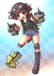  7tp :d akiyama_yukari backpack bag bangs belt black_belt black_footwear black_jacket black_shirt blue_shorts boots brown_eyes brown_hair checkered checkered_background circle_name commentary_request cosplay dual_wielding eyebrows_visible_through_hair full_body girls_und_panzer goggles goggles_on_head gradient gradient_background holding jacket kacchu_musume knee_pads leg_up looking_at_viewer mecha_musume messy_hair multicolored multicolored_background open_mouth sankuma shirt short_hair short_shorts shorts sleeveless_jacket smile solo standing standing_on_one_leg utility_belt watermark web_address 