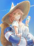  animal_ears blue_skirt cocktail_glass commentary cowboy_shot cup drinking_glass drinking_straw eyebrows_visible_through_hair fate/grand_order fate_(series) food fox_ears fox_tail fruit hair_between_eyes hat highres long_hair looking_at_viewer mizutame_tori orange orange_slice pink_hair skirt smile solo straw_hat sun_hat tail tamamo_(fate)_(all) tamamo_no_mae_(swimsuit_lancer)_(fate) yellow_eyes 