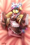  2018 absurd_res anthro bed bed_sheet bedding blue_eyes breasts clothed clothing equine eyebrows eyelashes fan_character feathered_wings feathers female floppy_ears fully_clothed hair hi_res inside japanese_clothing kimono legwear looking_at_viewer lying mammal multicolored_hair my_little_pony on_bed pantyhose pegasus portrait pose signature solo sparklyon3 spread_wings two_tone_hair wings yellow_feathers 