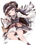  bangs belt belt_buckle beret black_bow black_dress black_hat black_legwear book bow brown_belt buckle closed_mouth commentary_request dress eyepatch eyepatch_removed granblue_fantasy harvin hat hat_bow head_tilt highres holding holding_eyepatch long_hair long_sleeves looking_at_viewer lunalu_(granblue_fantasy) pointy_ears purple_eyes purple_hair shirt sleeveless sleeveless_dress sleeves_past_fingers sleeves_past_wrists socks solo striped striped_bow venomrobo very_long_hair wavy_mouth white_background white_shirt wide_sleeves 