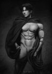  abs artist_name black_hair cloak greyscale levi_(shingeki_no_kyojin) looking_at_viewer male_focus monochrome partially_undressed serious shingeki_no_kyojin simelaslt solo 