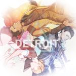  2boys android arm_at_side bai_rui black_hair blonde_hair brown_hair clenched_hand connor_(detroit) dark_skin detroit:_become_human gun hair_bun hairband hands jacket kara_(detroit) markus_(detroit) multiple_boys uniform weapon 