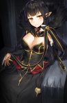  black_dress black_hair breasts bridal_gauntlets cleavage closed_mouth detached_sleeves dress fate/apocrypha fate/grand_order fate_(series) fur_trim gijang gold_trim large_breasts long_dress long_hair pointy_ears semiramis_(fate) smile solo spikes v-shaped_eyebrows very_long_hair yellow_eyes 
