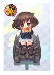  akiyama_yukari bangs black_footwear blue_jacket boots brown_eyes brown_hair checkered checkered_background circle_name commentary_request eating eyebrows_visible_through_hair food food_in_mouth girls_und_panzer ground_vehicle holding holding_food hot_dog jacket kacchu_musume long_sleeves looking_at_viewer messy_hair military military_uniform military_vehicle miniskirt motor_vehicle ooarai_military_uniform panzerkampfwagen_iv pleated_skirt sankuma shadow short_hair sitting skirt solo tank uniform watermark white_skirt 