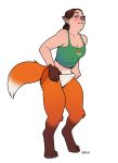  2018 animal_humanoid blackshirtboy breasts brown_hair claws clothed clothing female fox_humanoid fursuit hair humanoid looking_at_viewer pants shirt simple_background solo standing tank_top transformation white_background 