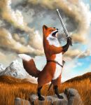  2014 ambiguous_gender black_nose canine day detailed_background digital_media_(artwork) digitigrade fox hi_res holding_object holding_weapon mammal melee_weapon open_mouth semi-anthro solo sword teeth the-urocyon tongue weapon 