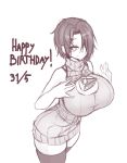  bare_shoulders borrowed_character breasts cake commentary dated english_commentary food greyscale hair_over_one_eye happy_birthday highres huge_breasts looking_at_viewer monochrome object_on_breast original ribbed_sweater saya_(twrlare) short_hair sketch sleeveless smile solo sub-res sweater thighhighs 