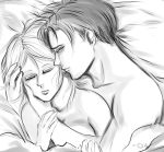  1girl after_sex artist_request bed bed_sheet closed_eyes couple greyscale levi_(shingeki_no_kyojin) monochrome open_eyes petra_ral shingeki_no_kyojin sleeping source_request 