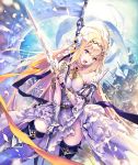  armored_boots banner blonde_hair blue_eyes blue_footwear boots collarbone detached_sleeves dress floating_hair flower granblue_fantasy hair_flower hair_ornament highres hisakata_souji holding holding_sword holding_weapon jeanne_d'arc_(granblue_fantasy) layered_dress long_hair looking_at_viewer open_mouth sleeveless sleeveless_dress solo standing sword thigh_boots thighhighs very_long_hair weapon white_dress white_flower 