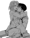  1girl artist_request ass_grab blush breasts closed_eyes couple grabbing_another's_ass greyscale groping hetero hug imminent_kiss imminent_sex levi_(shingeki_no_kyojin) medium_breasts medium_hair monochrome open_clothes open_mouth open_shirt petra_ral scar shingeki_no_kyojin short_hair simple_background sitting sitting_on_lap sitting_on_person source_request white_background 