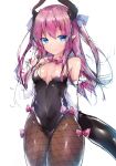  bangs bare_shoulders black_leotard blue_eyes blush bow breasts brown_legwear closed_mouth commentary_request cowboy_shot curled_horns detached_sleeves dragon_girl dragon_horns dragon_tail elizabeth_bathory_(fate) elizabeth_bathory_(fate)_(all) eyebrows_visible_through_hair fate/extra fate/extra_ccc fate_(series) fishnet_pantyhose fishnets hair_between_eyes hand_up highres horns leotard long_hair long_sleeves looking_at_viewer pantyhose pink_bow pink_hair playboy_bunny_leotard simple_background sketch small_breasts smile solo strapless strapless_leotard tail twiska_(doubitian) very_long_hair white_background 