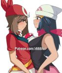  bandana bare_shoulders black_shirt blue_eyes blue_hair breast_press breasts brown_hair closed_mouth eyebrows_visible_through_hair eyes_visible_through_hair fanny_pack frown haruka_(pokemon) hat hikari_(pokemon) large_breasts long_hair looking_at_another medium_hair multiple_girls nas_(z666ful) patreon_username pink_scarf poke_ball poke_ball_(generic) pokemon pokemon_(game) pokemon_dppt pokemon_rse red_shirt scarf shirt short_sleeves simple_background smile sparkle squiggle symmetrical_docking tank_top white_background white_hat 
