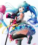  39 :d absurdres aqua_hair ass balloon blue_eyes blue_hair commentary_request detached_sleeves eyebrows_visible_through_hair from_side hatsune_miku highres long_hair looking_at_viewer magical_mirai_(vocaloid) number_tattoo open_mouth shi-ro sidelocks skirt smile solo tattoo thighhighs twintails very_long_hair vocaloid white_background 