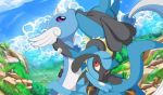  2018 absurd_res ambiguous/ambiguous ambiguous_gender detailed_background dragonair feathered_wings feathers feral head_wings hi_res kissing lucario mammal nintendo pok&eacute;mon pok&eacute;mon_(species) riolu tricksta video_games wings 