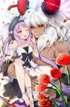  1girl :&lt; ;d absurdres anklet asterios_(fate/grand_order) bangs bare_shoulders black_bow black_hairband black_sclera blurry blurry_foreground blush bow bracelet breasts chest closed_mouth dark_skin depth_of_field dress earrings euryale eyebrows_visible_through_hair fate/grand_order fate/hollow_ataraxia fate_(series) flower frilled_hairband frills hairband highres hoop_earrings horns jewelry ko_yu long_hair md5_mismatch one_eye_closed open_mouth parted_bangs petals pixiv_fate/grand_order_contest_2 purple_hair red_eyes red_flower rose scar shirtless silver_hair simple_background sitting_on_arm sleeveless sleeveless_dress small_breasts smile toenails twintails very_long_hair white_background white_dress white_flower white_rose 