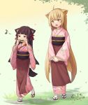  2018 ahoge animal_humanoid black_hair blonde_hair blush brown_eyes clothed clothing cute_fangs duo female flower_petals footwear fox_humanoid hair humanoid inner_ear_fluff japanese_clothing kimono konohana_kitan l&middot;k leaf legwear long_hair musical_note open_mouth petals sakura_(konohana_kitan) sandals socks standing yellow_eyes yuzu_(konohana_kitan) 