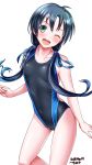  ;d artist_name black_swimsuit blue_hair competition_swimsuit cowboy_shot dated flat_chest green_eyes highres kantai_collection long_hair looking_at_viewer low_twintails one-piece_swimsuit one_eye_closed open_mouth ribbon simple_background smile solo suzukaze_(kantai_collection) swimsuit tsuchimiya twintails white_background 