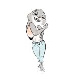  2017 3_toes anthro clothed clothing dipstick_ears disney ears_down female fur grey_fur half-closed_eyes hand_on_waist hi_res judy_hopps lagomorph looking_at_viewer mammal middle_finger nick-and-judy-daily_(artist) open_mouth open_smile rabbit simple_background smile solo toes white_background zootopia 