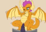  2018 anthro blue_eyes dildo dragon exelzior female friendship_is_magic horn masturbation membranous_wings my_little_pony nude penetration pussy sex_toy simple_background smolder_(mlp) solo vaginal vaginal_penetration wings 