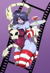  2018 alcohol armwear beverage big_breasts breasts clothing duo exaggerated_anatomy female glass gloves hair hair_over_eye heavy_blush hi_res huge_hips humanoid legwear leviathan_(skullgirls) not_furry simple_background skull skullgirls smile solo squigly stockings stripe stripe_legwear thick_thighs tray undead wide_hips wine zombie zzvinniezz 