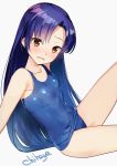  bangs blue_hair blue_swimsuit blush breasts brown_eyes character_name collarbone covered_navel dark_blue_hair eyebrows_visible_through_hair from_side grey_background highres idolmaster idolmaster_(classic) kisaragi_chihaya long_hair looking_at_viewer old_school_swimsuit one-piece_swimsuit open_mouth parted_bangs school_swimsuit shiny shiny_clothes shiny_hair simple_background sitting small_breasts solo straight_hair swimsuit very_long_hair yamacchi 