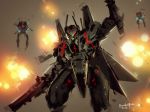  alien battle benedickbana choujikuu_yousai_macross commentary dated energy_cannon explosion glowing glowing_eye gunpod highres macross mecha redesign regult robotech roundel science_fiction signature u.n._spacy variable_fighter vf-1 vf-1_super vf-1j walker zentradi 