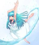  1girl aqua_hair arms_up barefoot dress feet king_of_fighters kula_diamond long_hair looking_at_viewer parted_lips red_eyes soles toes 