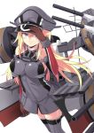  anchor bare_shoulders bismarck_(kantai_collection) blonde_hair blue_eyes breasts brown_gloves cannon cleavage closed_mouth collarbone commentary_request cowboy_shot detached_sleeves eyebrows_visible_through_hair gloves grey_legwear hair_between_eyes hat kantai_collection kuhotaka large_breasts long_hair looking_at_viewer machinery military military_hat military_uniform peaked_cap rigging simple_background sleeveless solo thighhighs turret uniform zettai_ryouiki 