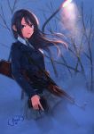  absurdres belt black_hair blue_eyes dreadtie fog gun handgun highres holding holding_gun holding_weapon lamppost long_hair looking_at_viewer necktie original pantyhose pistol rifle school_uniform snowing solo trigger_discipline vepr weapon 