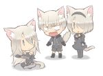  1boy 2girls android black_dress blue_eyes cat_ears chibi fish hair_over_one_eye multiple_girls nier nier_(series) nier_automata saliva short_hair tail white_hair yorha_no._2_type_b yorha_no._9_type_s yorha_type_a_no._2 