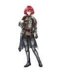  absurdres armor armored_boots boots chainmail contrapposto full_body graphite_(medium) hand_on_hip headwear_removed helmet helmet_removed highres knight mace medieval onceskylark original plate_armor red_eyes red_hair shield short_hair smile standing sword traditional_media weapon white_background 