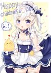  :d absurdres animal apron azur_lane bangs belchan_(azur_lane) belfast_(azur_lane) bird blue_dress blue_ribbon blush braid children's_day chinese_commentary collarbone commentary_request dated dress elbow_gloves eyebrows_visible_through_hair frilled_apron frills gloves hair_between_eyes hair_ribbon heart highres ju_(a793391187) looking_at_viewer maid_headdress one_side_up open_mouth purple_eyes ribbon silver_hair sleeveless sleeveless_dress smile solo speech_bubble thighhighs waist_apron white_apron white_gloves white_legwear younger zettai_ryouiki 