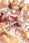  absurdres ahoge anila_(granblue_fantasy) bad_id bad_pixiv_id blonde_hair breasts cleavage commentary_request draph eyebrows eyebrows_visible_through_hair fur_trim gloves granblue_fantasy highres horns large_breasts long_hair mi_bait open_mouth sheep_horns short_eyebrows solo thick_eyebrows thighhighs torn_clothes very_long_hair white_gloves white_legwear yellow_eyes 