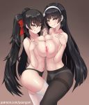  2girls bare_shoulders black_gloves black_hair breast_press breasts brown_background cleavage collarbone girls_frontline gloves gradient gradient_background hair_ribbon hairband large_breasts long_hair looking_at_viewer multiple_girls naughty_face navel nipples panties panties_under_pantyhose pantyhose qbz-95_(girls_frontline) qbz-97_(girls_frontline) raised_eyebrows red_ribbon ribbon symmetrical_docking thighhighs topless twintails underwear very_long_hair white_gloves white_legwear white_panties yellow_eyes zofe 