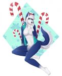  2018 5_fingers 5_toes anthro black_nose breasts candy candy_cane canine clothed clothing digital_media_(artwork) featureless_breasts female food green_eyes hair hat knight_dd mammal navel simple_background solo toes white_hair 