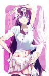  1girl bakemonogatari blue_eyes bukkake condom condom_packet_strip cum cum_on_clothes cum_on_hair cum_on_skirt erection erection_under_clothes excessive_cum facial futanari large_penis monogatari_(series) navel purple_hair senjougahara_hitagi skirt solo tagme thighhighs veiny_penis 