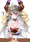  ? alternate_costume antenna_hair bangs bare_shoulders belt black_choker breasts cake casual choker cleavage closed_mouth collarbone collared_dress commentary_request confused cream cream_on_face draph dress eyebrows_visible_through_hair food food_on_face fork frilled_sleeves frills frown fruit granblue_fantasy grey_hair hair_between_eyes highres holding holding_fork horns large_breasts long_hair long_sleeves looking_at_viewer nugi_(inugirin) puffy_long_sleeves puffy_sleeves red_eyes ribbon-trimmed_sleeves ribbon_trim shoulder_cutout simple_background slice_of_cake solo spoken_question_mark strawberry table thalatha_(granblue_fantasy) two-tone_background upper_body white_background white_dress yellow_background 