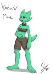  2018 5_fingers anthro belly belly_rub breasts claws clothed clothing collar digital_media_(artwork) eating english_text female green_scales internetguy123 kobold kobold_adventure moe_(kobold_adventure) purple_eyes scales scalie shorts simple_background smile solo standing text toe_claws toes video_games 