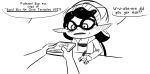  2018 beanie beauty_mark black_hair blush callie_(splatoon) cephalopod clothing coat dialogue digital_drawing_(artwork) digital_media_(artwork) embarrassed english_text eyewear female hair hat humanoid inkling marine monochrome nintendo not_furry pen polyle simple_background speech_bubble splatoon squid tentacle_hair tentacles text video_games white_background 