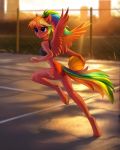  2018 anthro basketball butt_pose clothing cutie_mark detailed_background digital_media_(artwork) equine fan_character feathered_wings feathers female hair hi_res hooves horn mammal multicolored_hair my_little_pony outside rainbow_hair skinny solo tomatocoup winged_unicorn wings 
