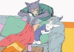  anthro beastars bedding blanket canine clothing cute female fur grey_fur haru_(beastars) lagomorph legosi_(beastars) male mammal predator/prey rabbit shirt size_difference sleeping sofa unknown_artist white_fur wolf 