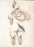  2018 absurd_res anthro anthrofied back_boob big_breasts big_butt blush breasts butt eyes_closed feathered_wings feathers female fur hi_res horn mega_absol mega_evolution nintendo pok&eacute;mon pok&eacute;mon_(species) rear_view thick_thighs traditional_media_(artwork) video_games voluptuous white_feathers white_fur wide_hips wings xth46 