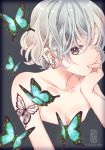 2018 animal artist_name breasts bug butterfly butterfly_tattoo cleavage closed_mouth collarbone commentary_request ear_piercing earrings fingernails grey_background grey_eyes insect jewelry looking_at_viewer medium_breasts nude original piercing sheepd silver_hair simple_background solo tattoo watermark 