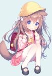 :o animal_ears azur_lane backpack bag bag_charm bangs black_footwear blue_eyes brown_hair candy_hair_ornament candy_wrapper charm_(object) commentary_request convenient_leg crescent crescent_hair_ornament dog_ears dog_girl dog_tail eyebrows_visible_through_hair finger_to_mouth food_themed_hair_ornament fumizuki_(azur_lane) grey_background hair_between_eyes hair_ornament hairclip hat kindergarten_uniform long_hair looking_at_viewer mary_janes neckerchief pantyhose parted_lips pink_shirt pink_skirt pleated_skirt randoseru school_hat shirt shoes simple_background sitting skirt sleeves_past_wrists solo tail usashiro_mani very_long_hair white_legwear yellow_hat yellow_neckwear 