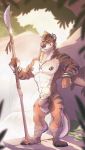  2018 4_toes 5_fingers abs anthro arm_support armband biceps biped black_claws black_eyebrows black_fur black_hair black_nipples black_nose black_stripes blonde_hair blue_eyes brown_bottomwear brown_clothing brown_fur brown_tail brown_underwear bulge claws clothed clothing detailed_background digital_media_(artwork) ear_piercing eyebrows facial_piercing foot_wraps forest front_view full-length_portrait fur hair holding_object holding_weapon industrial_piercing kiasano kyo_(kiasano) leaning_on_elbow lip_piercing looking_at_viewer male mammal melee_weapon multicolored_hair multicolored_tail muscular muscular_male mustelid nipple_piercing nipples no_swift otter outside pecs pendant penis piercing polearm portrait rock short_hair snakebite_piercing solo spear standing striped_fur stripes toe_claws toes topless torn_clothing tree tribal two_tone_hair two_tone_tail underwear weapon white_fur white_penis white_tail wraps wristband 